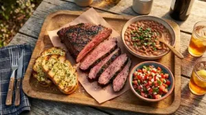 Barbecue meal on wooden platter