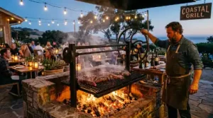 Chef operating barbecue pit