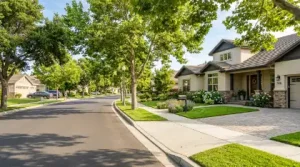 Suburban street with modern home