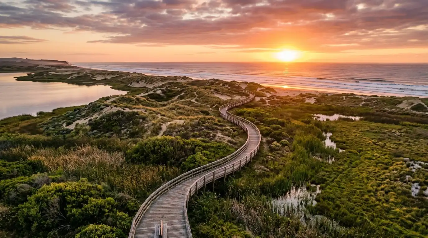 Wooden boardwalk winding through